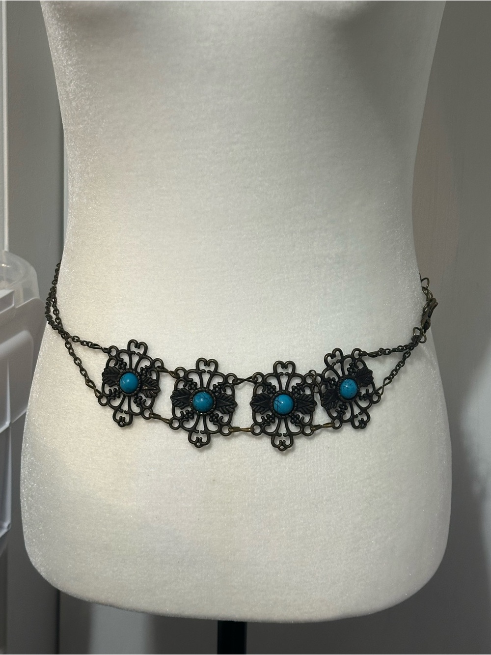 antique-style chain belt ornate floral links turquoise accents western bohemian